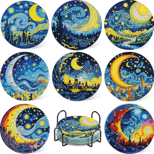 Miniatura 8 de 8 PCS Juego de Posavasos de Arte de Diamantes con Flores, Juego de 8 Posavasos de Pintura de Diamantes con Soporte, Posavasos para Bebidas DIY