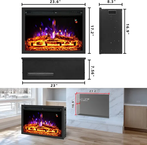 Miniatura 3 de Insertos de chimenea eléctrica de 24.5 pulgadas, brillo ajustable, termostato y temporizador, protección contra sobrecalentamiento, 750/1500 W