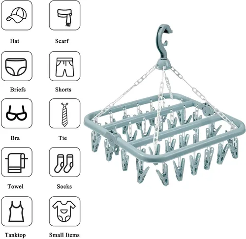 Miniatura 4 de Clip plegable y colgador de goteo, 1/2 piezas de ganchos plegables con 32 clips de secado, estante de secado plegable con 32 clips para secar Azul