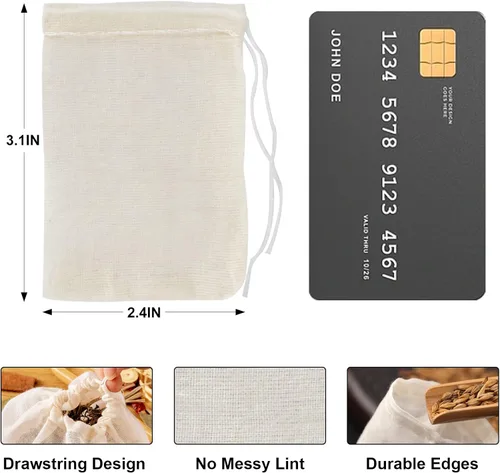 Miniatura 3 de Numola 50 bolsas de té de algodón sin blanquear, bolsas de té reutilizables con cordón para cocinar sopa, bolsa infusora de té orgánico natural