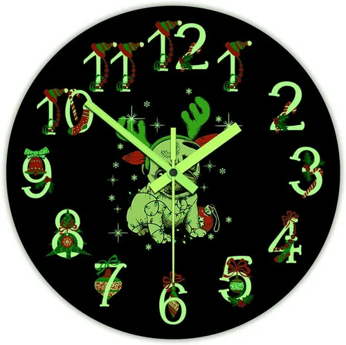 Miniatura 2 de The Geeky Days Reloj que brilla en la oscuridad, adorno de Navidad Pug funciona con pilas, reloj de pared luminoso de cuarzo silencioso con diseño