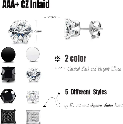 Miniatura 3 de FIBO STEEL 10 pares de aretes de acero inoxidable para hombres y mujeres piercings de oreja de túnel de oreja con incrustaciones de circonita cúbica