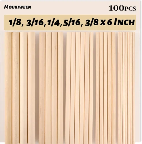 Varillas de madera, 100 varillas redondas de madera de 1/8, 3/16, 1/4, 5/16, 3/8 x 6 pulgadas, varios tamaños, para manualidades, decoración del