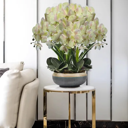 Miniatura 5 de HinyoCo 5 piezas de orquídeas artificiales y 2 paquetes de hojas, flores artificiales de Phalaenopsis de 32 pulgadas para decoración del hogar