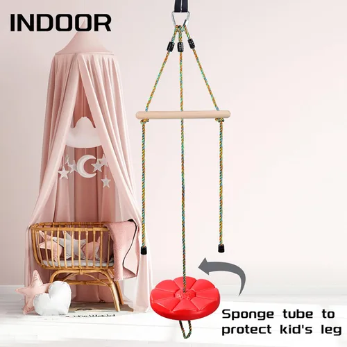 Miniatura 3 de Columpio de disco para niños, juego de columpios de árbol, accesorios de cuerda ajustable con barras de mono, 1 mosquetón, 2 correas para colgar Rojo