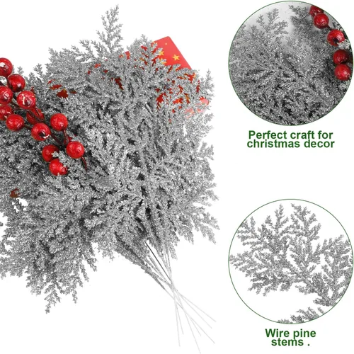 Miniatura 3 de DIYASY Ramas de relleno de árbol de Navidad, hojas de aguja de pino artificial con purpurina de 11 pulgadas, ramas florales, adornos de hojas