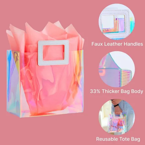 Miniatura 4 de Bolsa de Regalo Holográfica Grande con Papel de Seda Reutilizable Bolsa de Regalo de Cumpleaños para Mujeres Niñas Iridiscente Despedida de Soltera