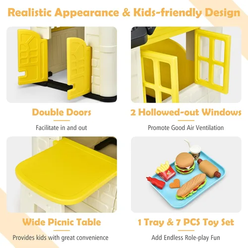 Miniatura 2 de Costzon Casa de juegos para niños, juegos de jardín al aire libre con puertas y ventanas de trabajo, casa de juguetes de simulación con mesa