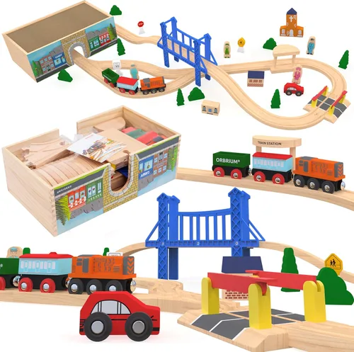 Set de tren de madera de lujo de 52 piezas con caja de regalo y almacenamiento, túnel, 9 diseños, trenes magnéticos, juguetes STEM Montessori para