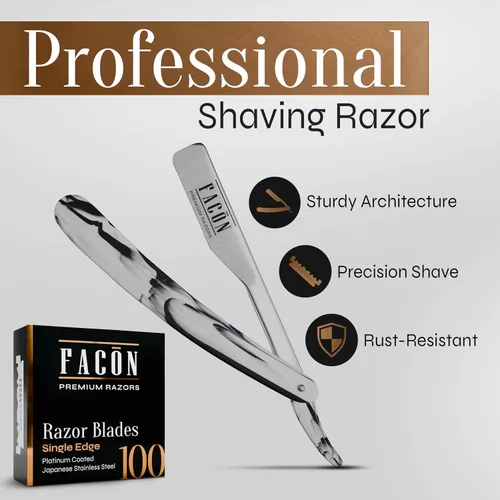 Miniatura 2 de Facón Navajas rectas para hombres - Kit de navaja de barbero profesional de borde recto con 100 cuchillas, afeitadora clásica de acero inoxidable