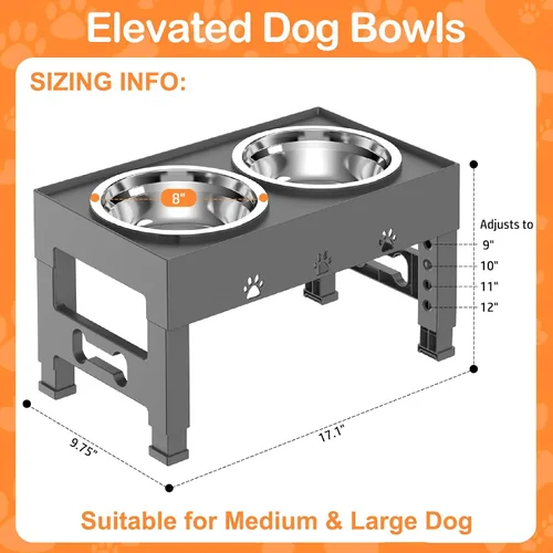 Miniatura 5 de Cuencos elevados para perros con 2 cuencos de acero inoxidable, soporte ajustable de 5 alturas (3.1 pulgadas, 9 a 12 pulgadas), para una mejor Gris
