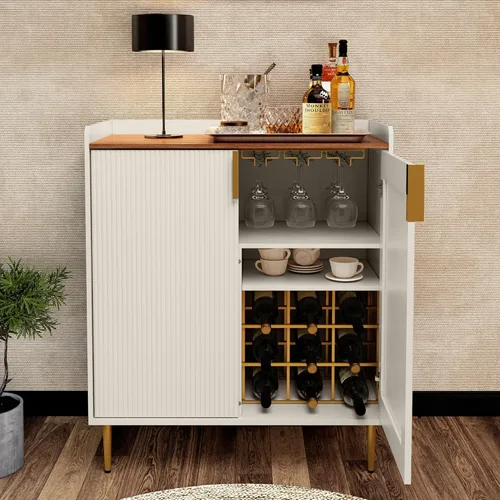 Miniatura 9 de ARTPOWER Aparador Buffet con Textura Acanalada, Gabinete Moderno de Barra de Café con Estante para Vinos y Cajones, Gabinete Negro de Licor