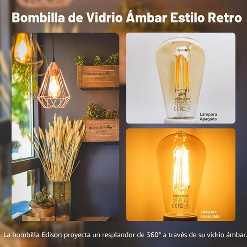 Miniatura 5 de DiCUNO Bombillas Edison E26 de 60 W, 2200 K ámbar cálido, bombilla LED Edison de 6 W ST64, vidrio ámbar, luz LED vintage para el hogar, 600 lm,