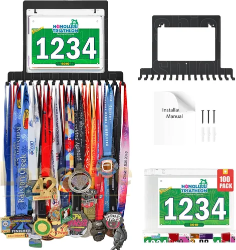 Colgador de medallas para carreras, exhibición de medallas de maratón y colgador de medallas para corredores, exhibición de medallas con dorsal para