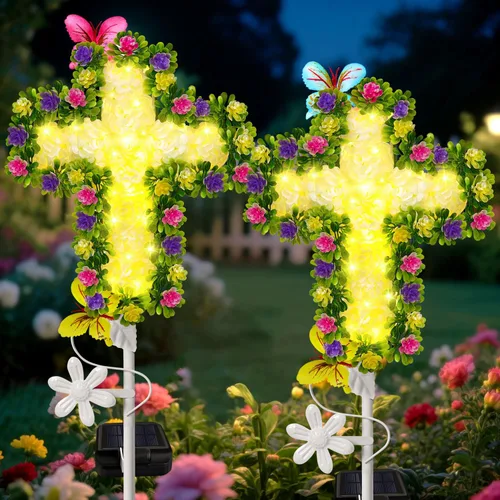 Miniatura 9 de YJFWAL Luz Solar de Estaca de Jardín con Cruz de Cristal, Decoraciones de Cementerio para Luces Exteriores de Tumba, Regalos Conmemorativos