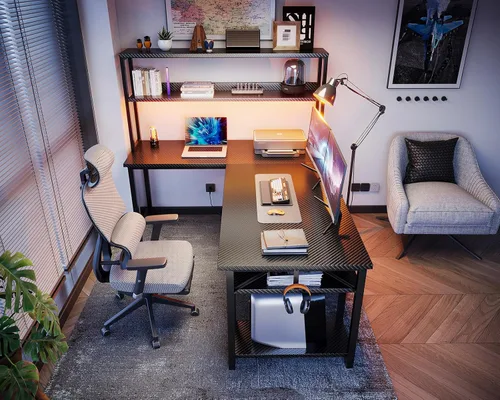 Miniatura 7 de ODK - Escritorio de juegos en forma de L de 53" con estante superior y gancho para auriculares, mesa de computadora de esquina con estanterías