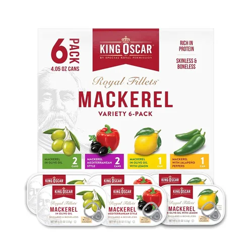 King Oscar Paquete Variado de Caballa Sin Piel y Sin Espinas, Latas de 4.05 Onzas (Paquete de 6), Sin Piel y Sin Espinas, Caballa Enlatada Capturada