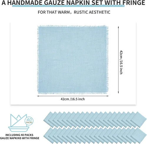Miniatura 2 de Paquete de 40 servilletas de tela azul polvoriento, servilletas de lino de algodón a granel de 16.5 x 16.5 pulgadas hechas a mano con flecos