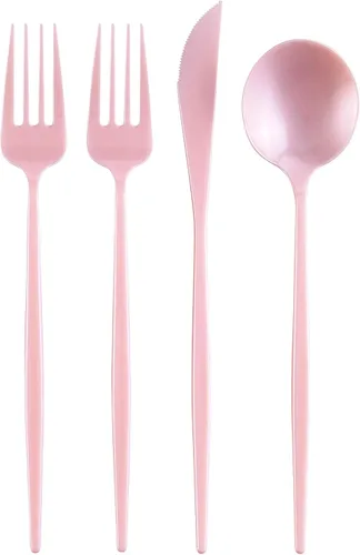 Miniatura 10 de Juego de cubiertos desechables de diseño moderno para vacaciones, juego de cubiertos de plástico para 24-24 cucharas de plástico, 24 cuchillos, 48