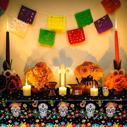 Miniatura 6 de Irenare Mantel de plástico con diseño de Día de los Muertos, diseño de calavera de azúcar, desechable, rectangular, para Halloween, cumpleaños Negro