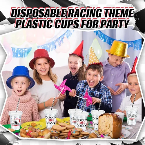 Miniatura 5 de FoldTier 50 piezas de vasos de plástico para fiesta de carreras a cuadros de 12 oz, vasos transparentes gruesos con bandera a cuadros, vasos negros