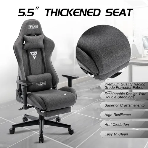 Miniatura 4 de S*MAX Silla de juegos de tela con reposapiés, asiento grueso, silla ergonómica para juegos con reposabrazos 3D, sillas de tela transpirable para Gris