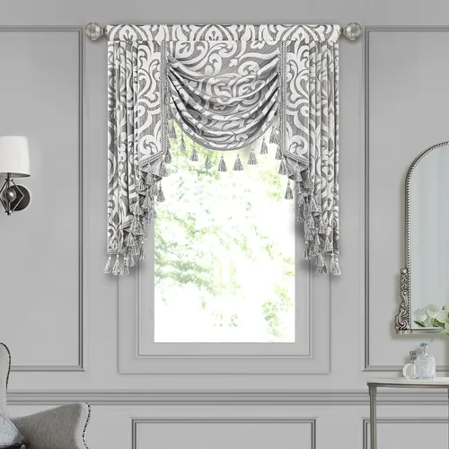 Miniatura 23 de Loom and Mill Cenefa de cascada de lujo de jacquard para sala de estar, elegantes cenefas de ventana con festones y cuentas damascadas, cortinas