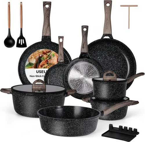 USELUCK Juego de ollas y sartenes antiadherentes, no tóxicos, 22 piezas de utensilios de cocina de cerámica, ollas y sartenes antiadherentes con