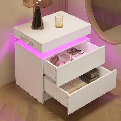 Miniatura 4 de LIKIMIO Mesita de noche con estación de carga, mesita de noche moderna en negro con luz LED y cajones, mesas de cabecera/mesa auxiliar