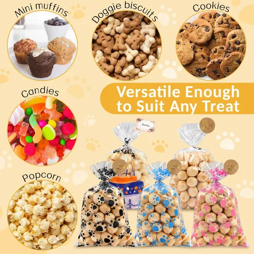 Miniatura 6 de 100 bolsas de celofán con estampado de patas de perro de mayor capacidad, bolsas de golosinas para perros y gatos con calcomanías, bolsas de dulces