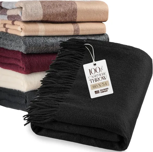 Velanio Cashmere Manta 100% cachemira con flecos, 60 x 54 pulgadas, súper suave y cálida para el hogar, sofá cama de viaje (negro)