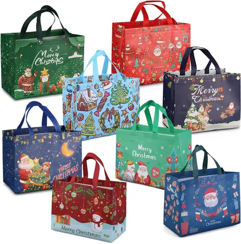 Miniatura 8 de PARSUP 32 bolsas de regalo de Navidad con asas, bolsas de varios tamaños para golosinas, bolsas de Navidad no tejidas para envolver regalos