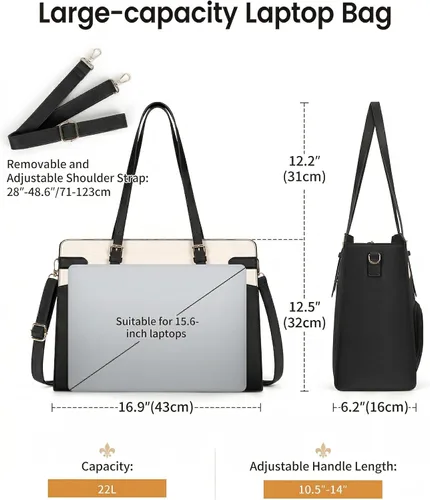 Miniatura 6 de RAINSMORE Bolsa para portátil 2 en 1 con compartimento de almuerzo aislado para mujeres, bolsa de trabajo de piel sintética de 15.6 pulgadas
