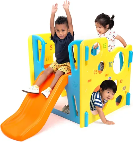 Grow'n Up Climb 'n Explore Play Gym - Centro de actividades 4 en 1 para niños pequeños con tobogán, aro de baloncesto, túnel de gateo y pared de