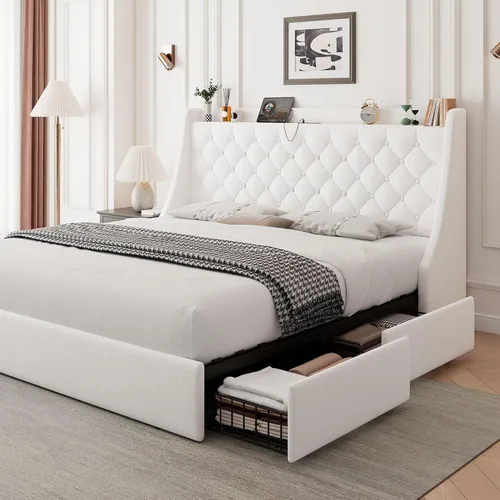 Miniatura 9 de Feonase Marco de cama tapizado de tamaño completo con 4 cajones de almacenamiento, cabecera de almacenamiento grande tipo wingback, no necesita Negro