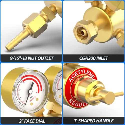 Miniatura 4 de MEANLIN MEASURE Regulador de acetileno Medidores de gas de soldadura CGA 200 Regulador de antorcha de corte, salida 0-200PSI Entrada 0-400PSI