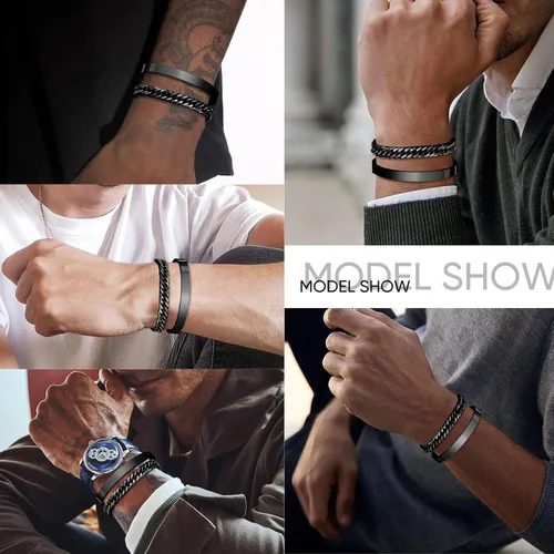 Miniatura 3 de XUANPAI Pulseras de plata personalizadas para hombre, 2 pulseras de acero inoxidable con eslabones cubanos para hombre, joyería de regalo para papá