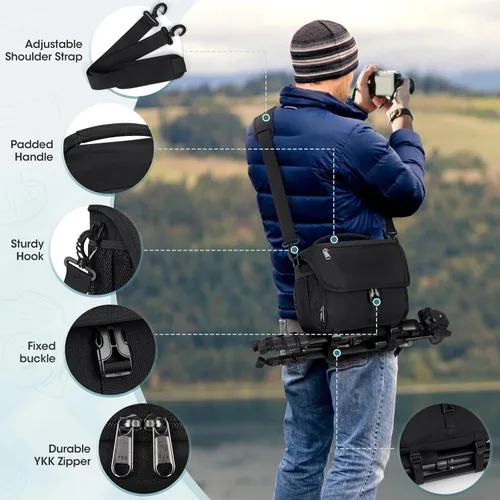 Miniatura 6 de RAINSMORE - Bolsa para cámara, estuche para cámara DSLR/SLR/sin espejo con soporte para trípode, bolsa de bandolera impermeable para fotógrafos