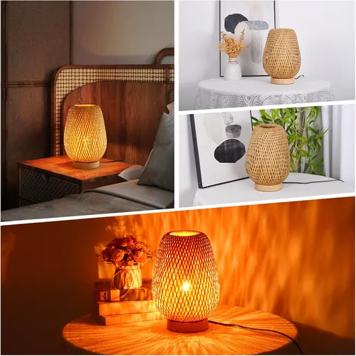 Miniatura 4 de Lámpara de mesa de ratán bohemia, regulable y pequeña al lado de la lámpara, mesita de noche de madera de mimbre natural, estilo bohemio, de bambú