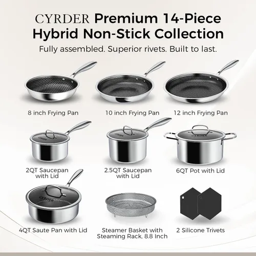 Miniatura 2 de Juego de ollas y sartenes antiadherentes, 14 piezas de utensilios de cocina híbridos hexagonales de acero inoxidable para cocinar todos los días