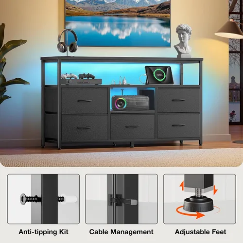 Miniatura 7 de Soporte de TV con luces LED y estación de carga, soporte de TV de 55 pulgadas para dormitorio, almacenamiento de cajones de tela, centro