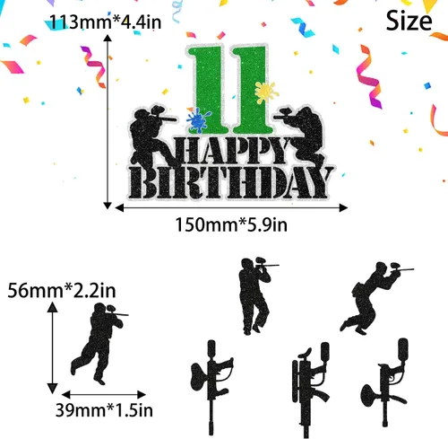Miniatura 2 de Paintball - Juego de 7 decoraciones para tartas de cumpleaños para niños de 11 años, decoración de juego de disparos con temática de disparos
