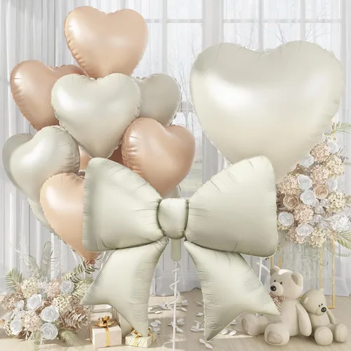 Globos de Corazón Beige Neutro de 30", Globos de Papel de Aluminio con Lazo Grande, 10 Piezas de Globos Gigantes de Lazo Crema de 38" con Juego de