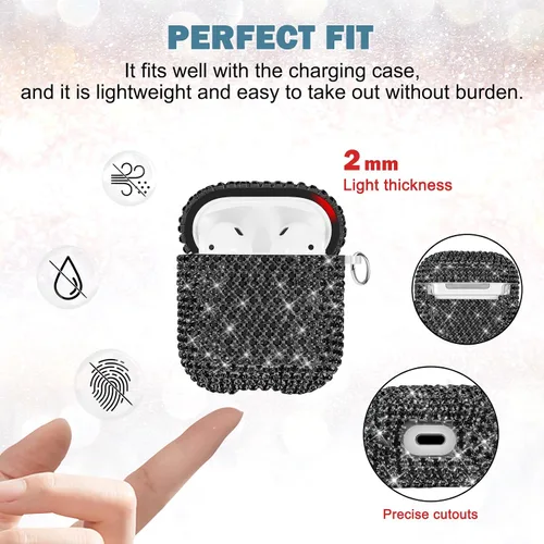 Miniatura 5 de Newseego Funda para AirPods de 1 y 2 generación, funda de lujo con diamantes de imitación brillantes con llavero para mujeres y niñas, anti-pérdida