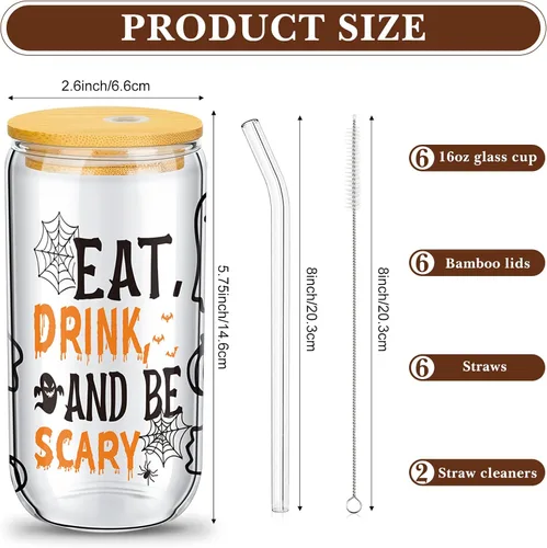 Miniatura 2 de meekoo 6 tazas de vidrio de Halloween de 16 onzas, tazas de café helado, calabazas, murciélagos, fantasmas, vasos de cerveza con tapas y pajitas