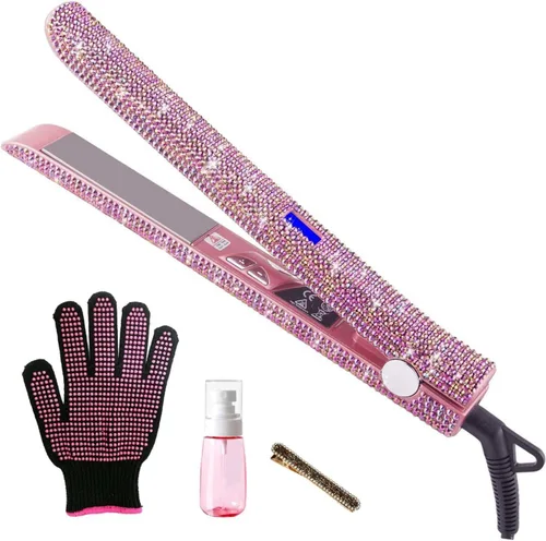 Plancha plana de titanio con magnífico diamante de imitación de cristal, alisador y rizador de pelo 2 en 1, apagado automático de 60 minutos, Rosa