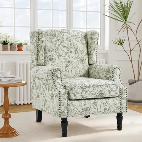 Miniatura 15 de Silla reclinable tapizada, sillón de ala floral con respaldo y reposapiés ajustables, cómoda silla decorativa para leer, sofá individual
