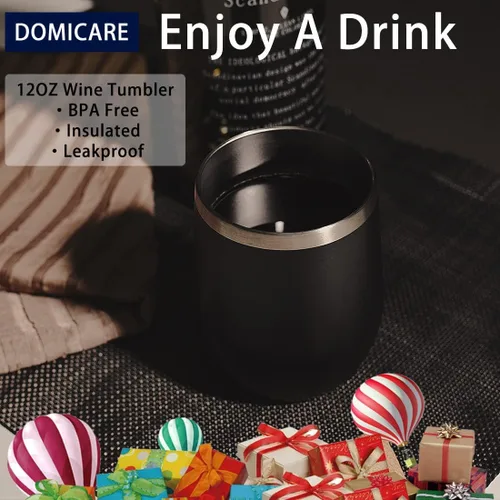 Miniatura 6 de DOMICARE - Juego de 16 vasos de vino de 12 onzas con tapa, hechos de acero inoxidable con aislamiento al vacío de doble pared, color negro