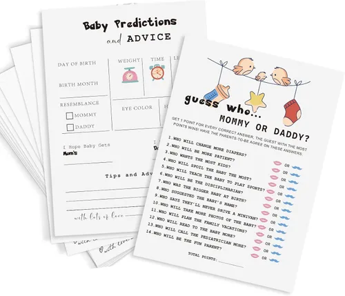 Juegos de baby shower, 40 piezas de juegos de revelación de género, tarjetas de doble cara, 2 juegos – Predicciones y tarjetas de consejos para