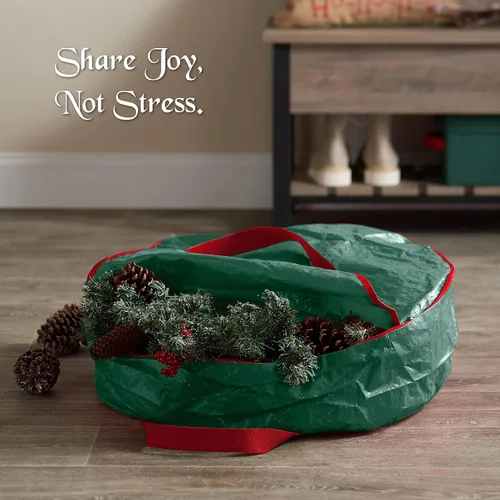 Miniatura 2 de ZOBER - Contenedor de almacenamiento para coronas de Navidad de 24 pulgadas - Bolsa para coronas de Navidad con doble cierre y asas duraderas - Verde